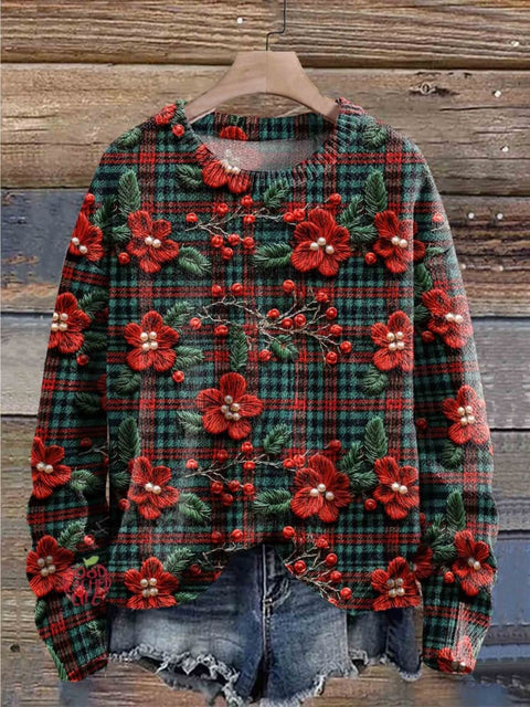 Christmas Poinsettia Print Knit Pullover Sweater