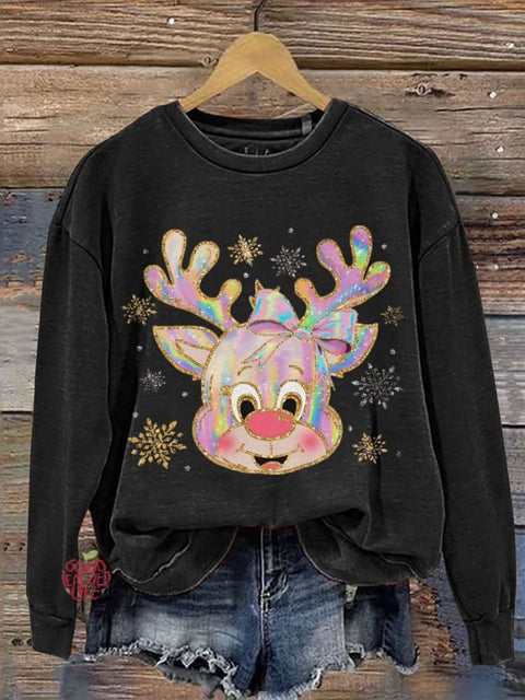 Iridescent Reindeer Christmas Casual Print Sweatshirt