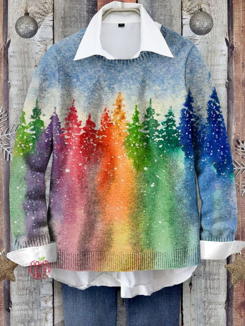 Rainbow Christmas Tree Art Print Knit Pullover Sweater