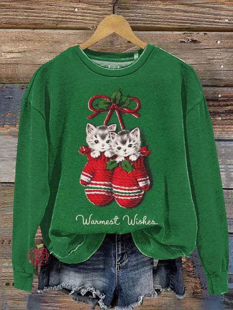 Christmas Cat Art Print Casual Sweatshirt