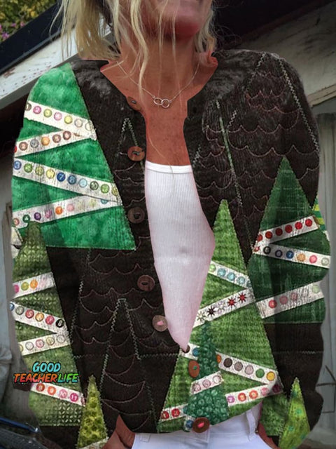 Christmas Tree Print Buttoned Cardigan Sweater