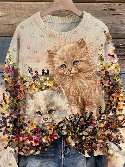 Cat  Print Knit Pullover Sweater