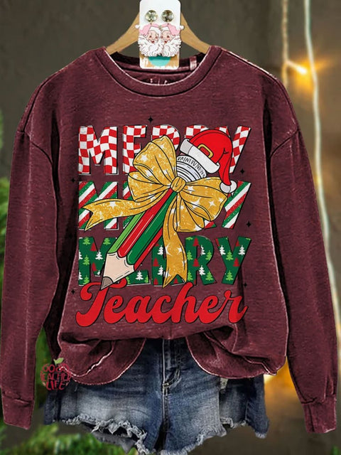 Christmas Pencil Tree Teacher Coquette Bow Casual Sweatshirt