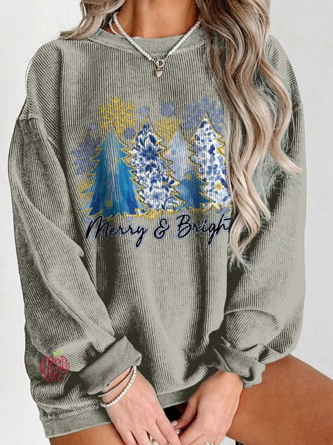 Women's Christmas Blue Floral Coquette Christmas Tree Merry & Bright Casual Print Sweatshirt