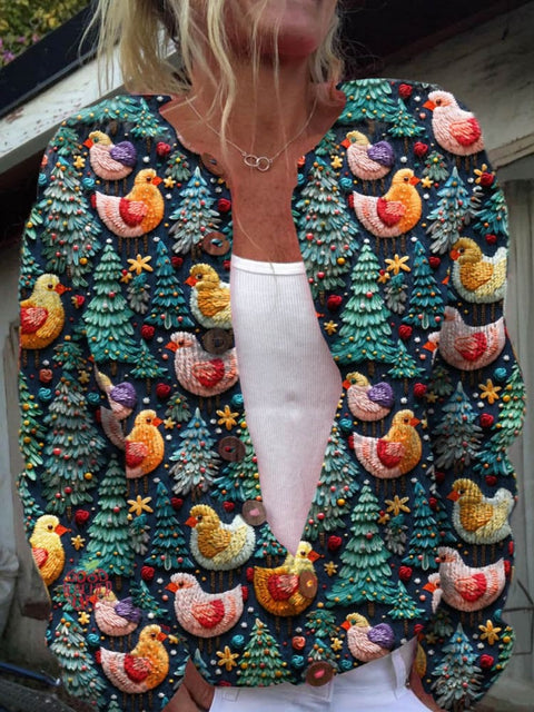 Women's Lovely Chicken Christmas Tree Art Print Buttoned Cardigan Sweater