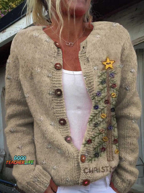 Retro Christmas Tree Print Buttoned Cardigan Sweater