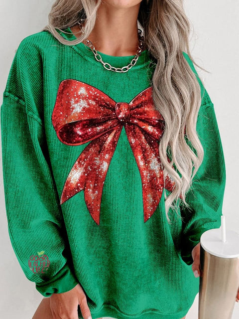 Christmas Red Glitter Bow Print Women's Casual Sweatshirt