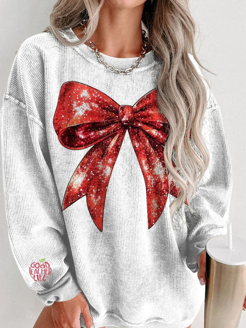 Christmas Red Glitter Bow Print Women's Casual Sweatshirt