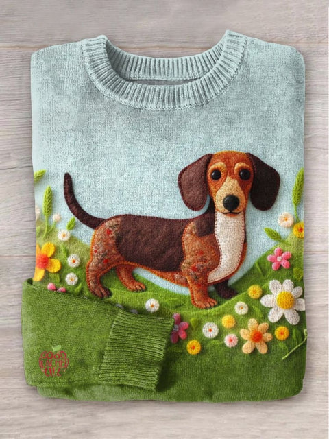 Cute Felt Dachshund Art Print Knit Pullover Sweater