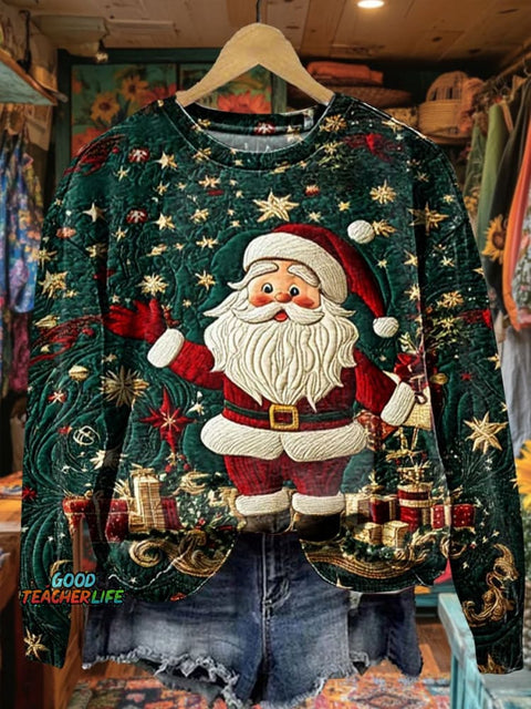Women's Christmas Winter Santa Claus Textured Prints Casual Sweatshirt