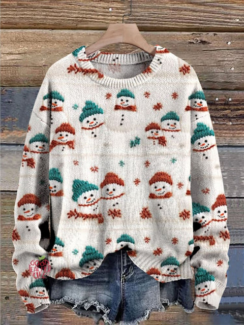 Christmas Snowman Claus Print Knit Pullover Sweater