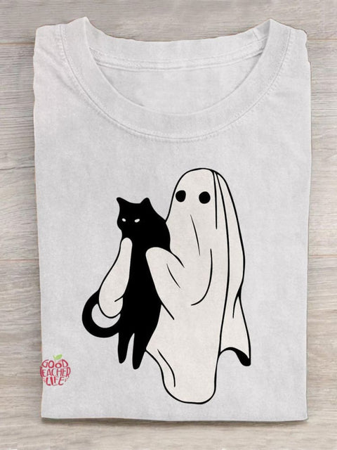 Ghost Black Cat Halloween Creative Design T-shirt