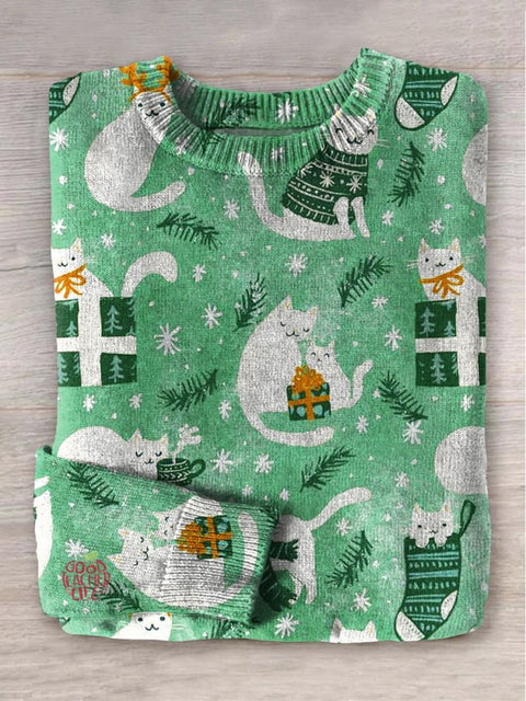 Christmas Cat Art Print Knit Pullover Sweater