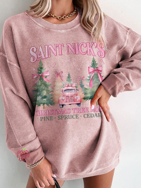 Women's Coquette Pink Christmas Tree Farm Casual Print Sweatshirt