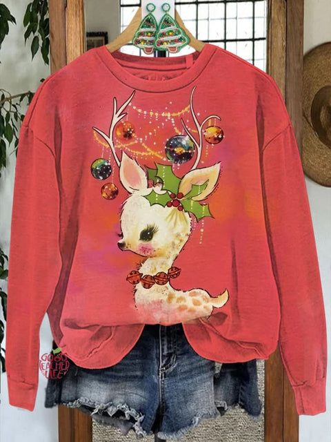 Christmas Reindeer Lantern Decoration Cute Printed Casual Sweatshirt