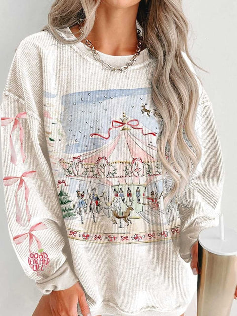 Women's Pink Christmas Snowy Night Amusement Park Carousel Casual Print Shirt