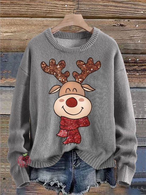 Christmas Elk Print Knit Pullover Sweater