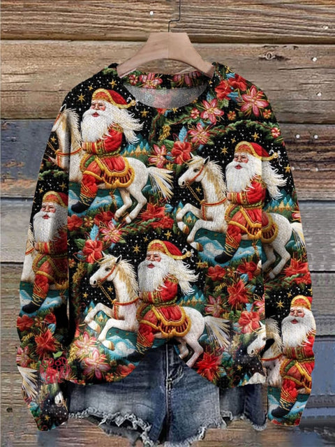 Christmas Cute Santa Horse Riding Floral Decorations Art Print Casual Knit Pullover Sweater