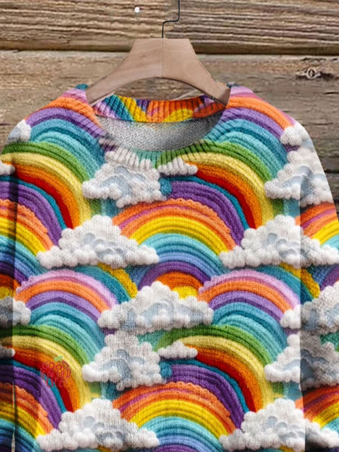 Christmas Gift Rainbow White Clouds Art Print Knit Pullover Sweater