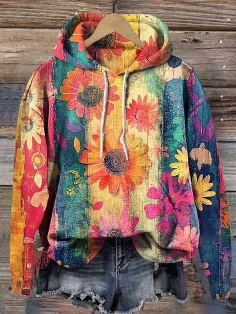 Retro Hippie Love and Peace Rainbow Flower Casual Hoodie Sweatshirt