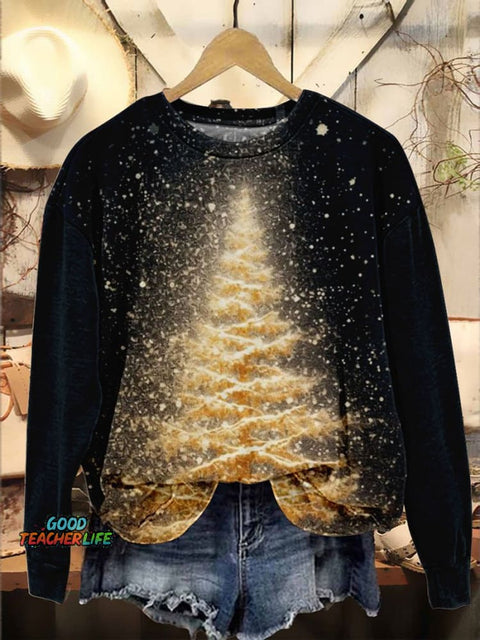 Gold Christmas Tree Christmas Casual Print Sweatshirt
