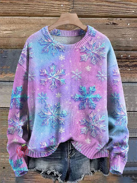 Christmas Iridescent Snowflakes Print Knit Pullover Sweater