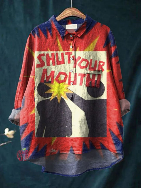 Shut Your Mouth Art Print Casual Cotton And Linen Shirt