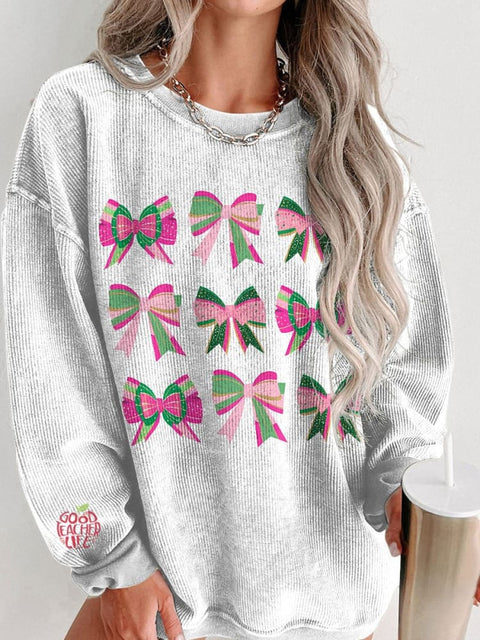 Women's Glitter Christmas Coquette Bows Casual Print Corduroy Sweatshirt