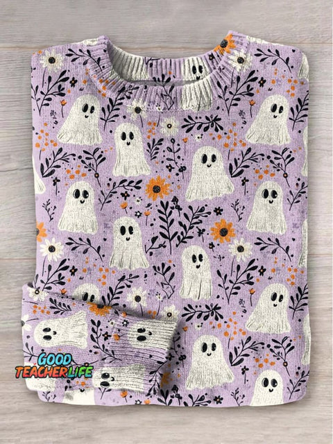 Halloween Ghost In Flower Art Print Knit Pullover Sweater