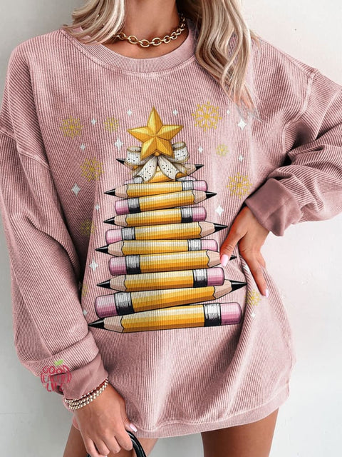 Women's Christmas Pencil Tree Christmas Light Teacher Casual Print Corduroy Sweatshirt