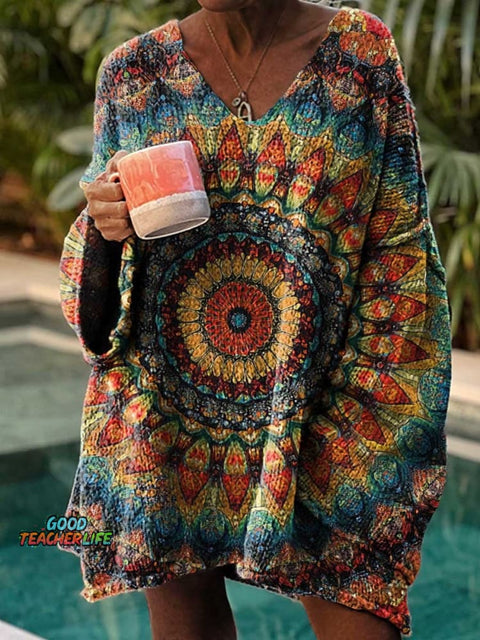 Women's Retro Ethnic Totem Pattern Love and Peace Art Casual Pullover Sweater
