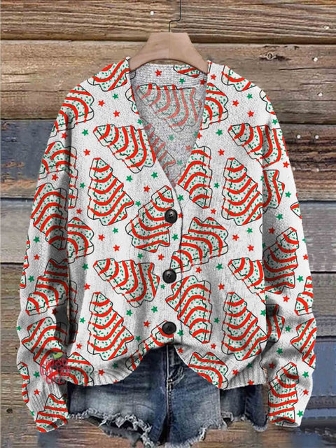 Christmas Trees Print Buttoned Cardigan Sweater