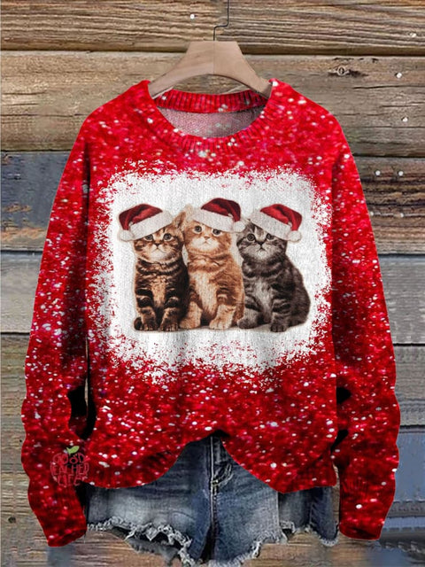 Christmas Hat Cat Funny Cute Shiny Print Knit Pullover Sweater