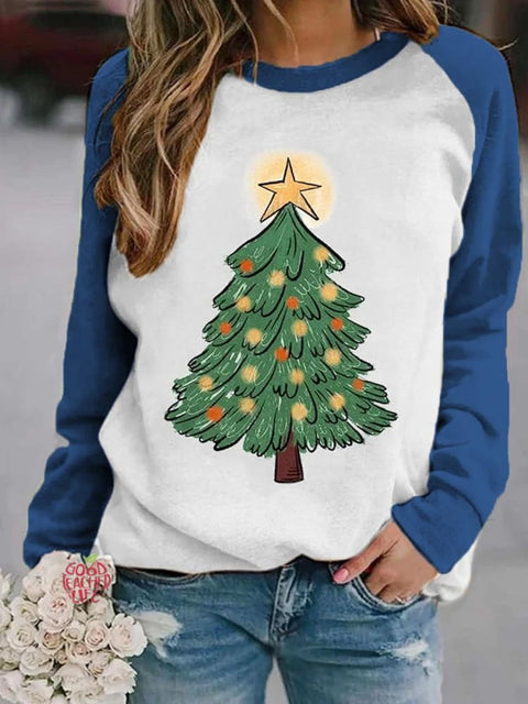 Women's Lovely Christmas Tree Art Print Casual Long Sleeve Sweatshirt