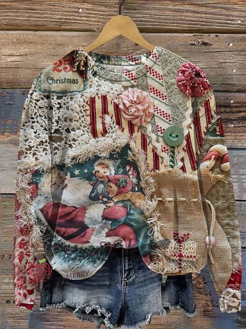 Retro Christmas Patchwork Art Print Casual Sweatshirt