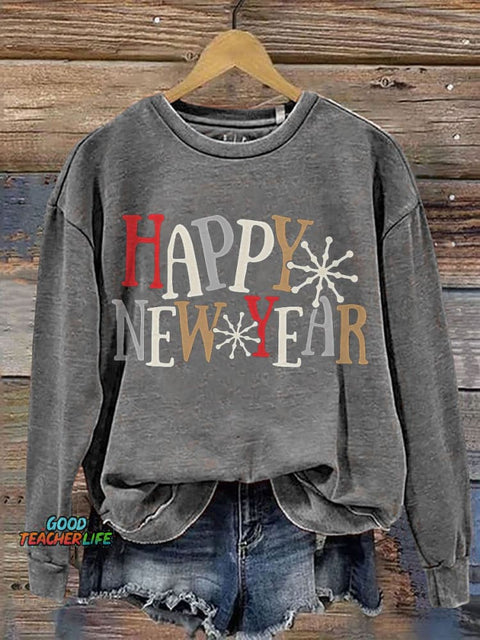 Happy New Year Casual Print Sweatshirt