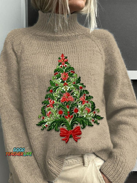 Embroidery  Christmas Tree Art Print Knit Turtleneck Pullover Sweater
