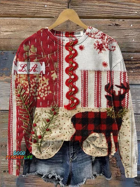 Retro Christmas Patchwork Art Print Casual Sweatshirt