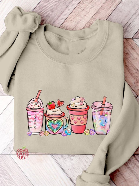 Valentine's Day Coffee Drinks Casual Print Sweatshirt