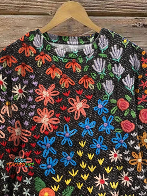 Sweet Embroidery Floral Art Printed Casual Sweatshirt