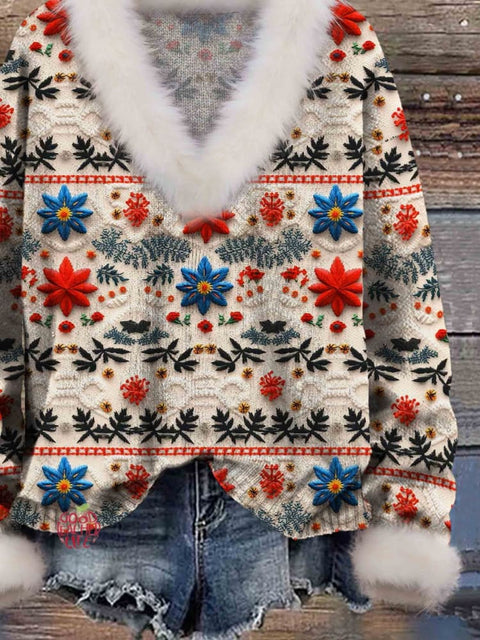 Christmas Print Knit Pullover Fur Collar Sweater