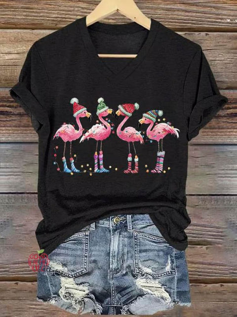 Women's Lovely Christmas Flamingo Art Print V-neck Casual T-Shirt