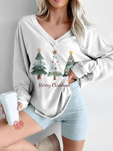 Women's Merry Christmas Tree Print Long Sleeve V-neck Comfortable Cotton Shirt