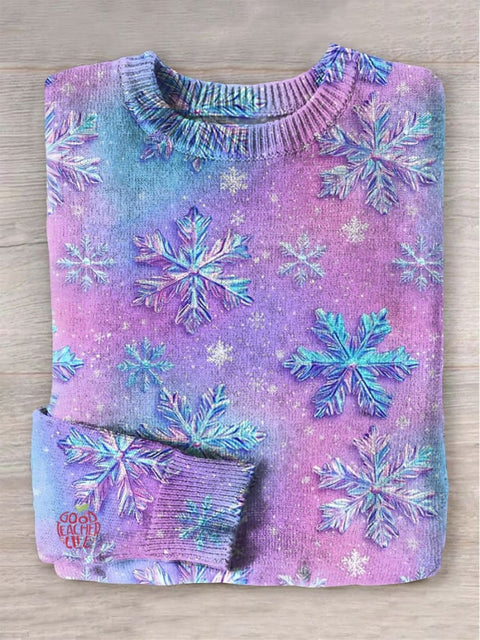 Christmas Iridescent Snowflakes Print Knit Pullover Sweater