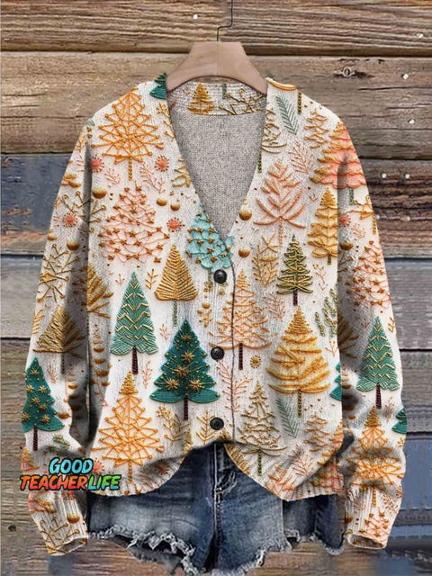Christmas Trees Print Buttoned Cardigan Sweater