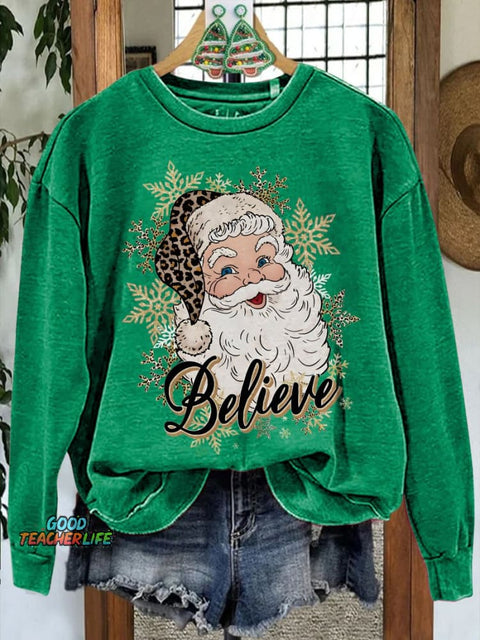 Santa Gold Snowflake Print Casual Sweatshirt