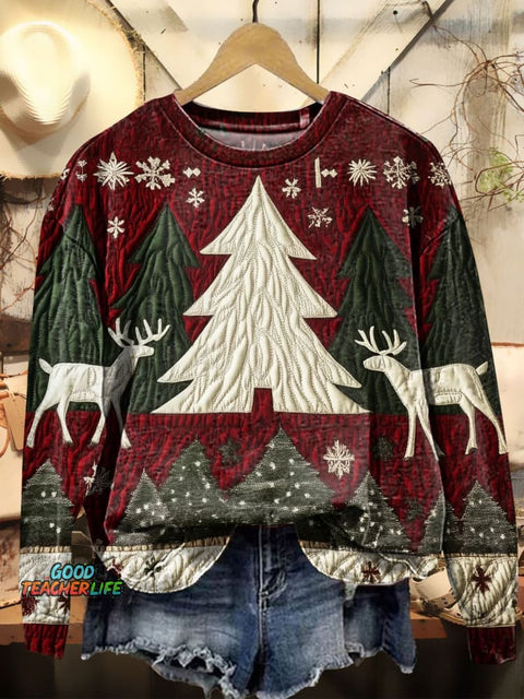 Women's Christmas Tree Elk Textured Prints Casual Sweatshirt