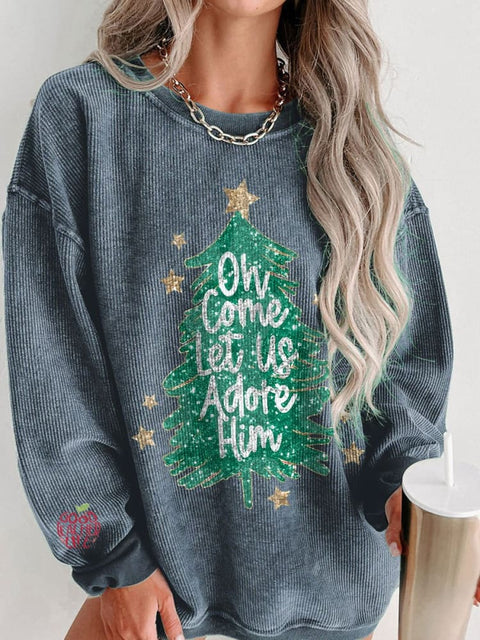 Women's Oh Come Let Us Adore Him Christmas Tree Casual Print Shirt