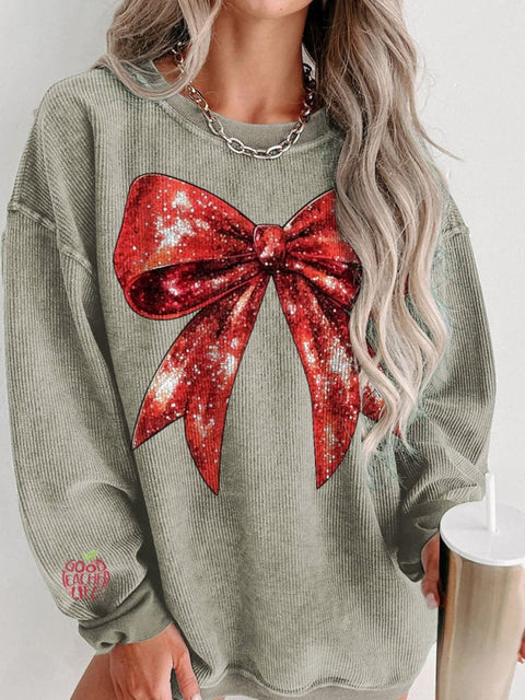 Christmas Red Glitter Bow Print Women's Casual Sweatshirt