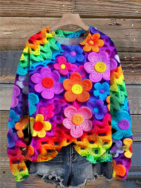 Multicolor Beautiful Flowers Simulation Art Print Knit Pullover Sweater